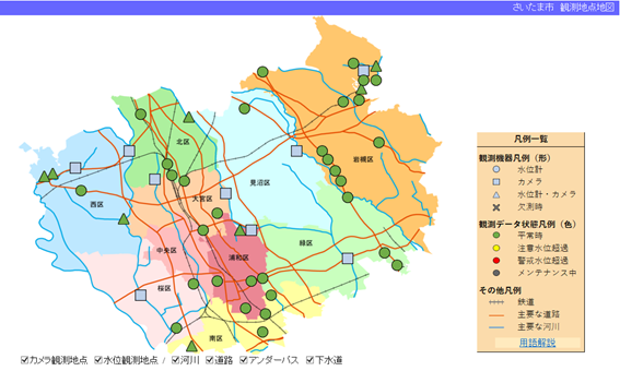 「さいたま市水位情報システム」における水位情報のリアルタイム表示図